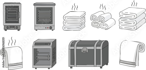 Towels and towel warmers in various styles for hotel and spa amenities