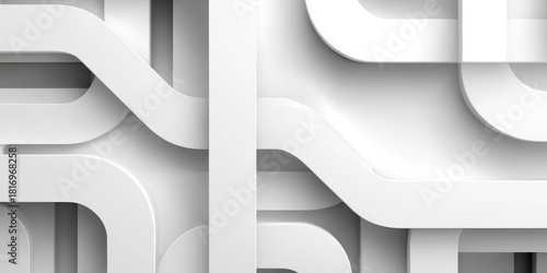 Fototapeta Naklejka Na Ścianę i Meble -  Minimalist abstract background with geometric pipeline structures and layered 3D forms in white and gray, suitable for modern tech or architectural branding