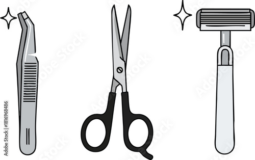 Grooming Essentials Tweezers, Scissors, and Razor Vector Icons