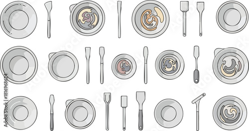 Minimalist Flat Lay Assorted Dishes and Utensils on White Background