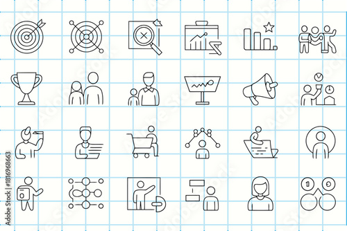 Collection of hand drawn business and finance icons on a grid background