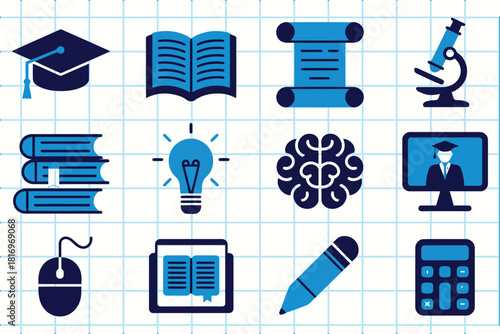 Collection of education and learning icons in blue on a grid background