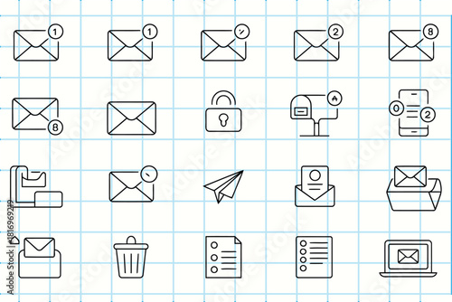 Collection of hand drawn email and communication icons