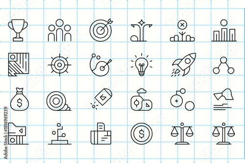 Collection of hand drawn business and finance icons on a grid background