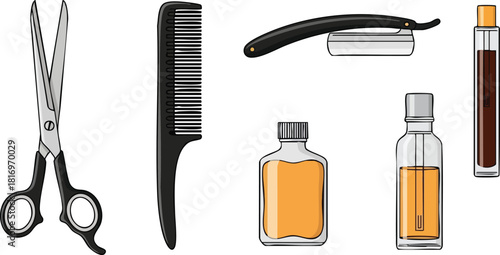 Vintage Barber Tools Scissors, Comb, Razor, and Oils Vector