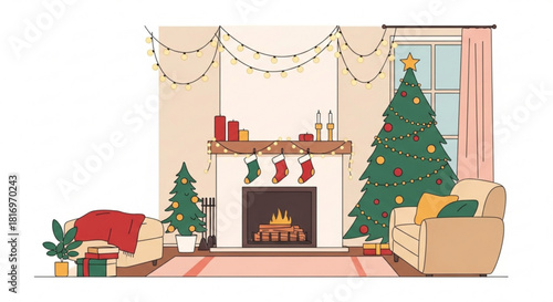 Cozy Christmas Eve living room scene with decorated tree, fireplace, stockings, and gifts evokes festive cheer and holiday warmth for seasonal designs