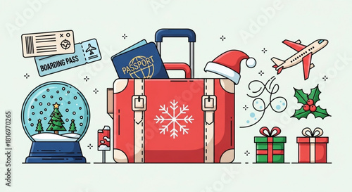 Festive holiday travel concept with suitcase, plane, gifts, passport, and snow globe, perfect for Christmas vacation planning and seasonal promotions
