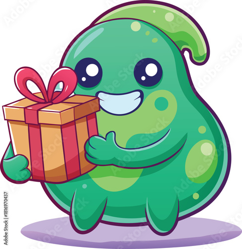 Friendly-slime-creature-holding-gift cartoon vector featuring a cute goo character offering a present. Great for kids designs, holiday art, greeting cards, fantasy themes, and playful illustrations.