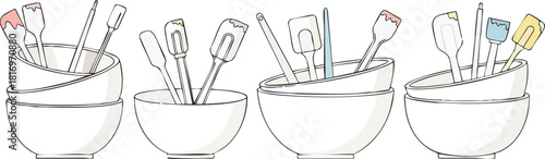 Utensils in Bowls Whimsical Kitchen Still Life Illustration