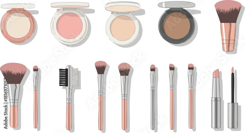 Makeup Brush Set and Powder Compacts Flat Lay on White Background