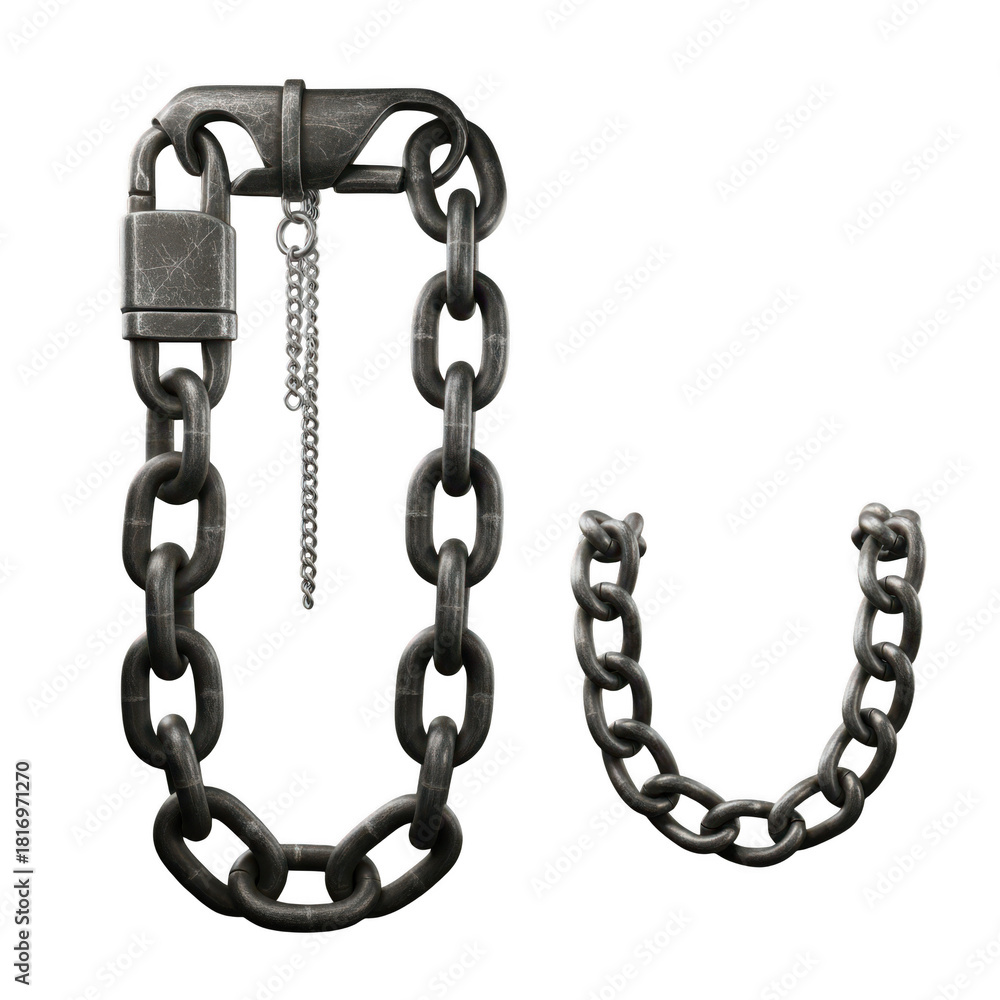 Obraz premium Heavy duty metal chain with padlock and key isolated on transparent background