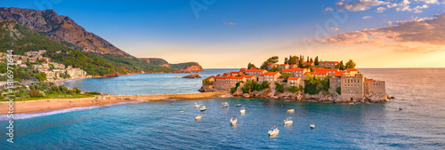 Old town and beach Sveti Stefan sea island, Budva, Montenegro, Europe