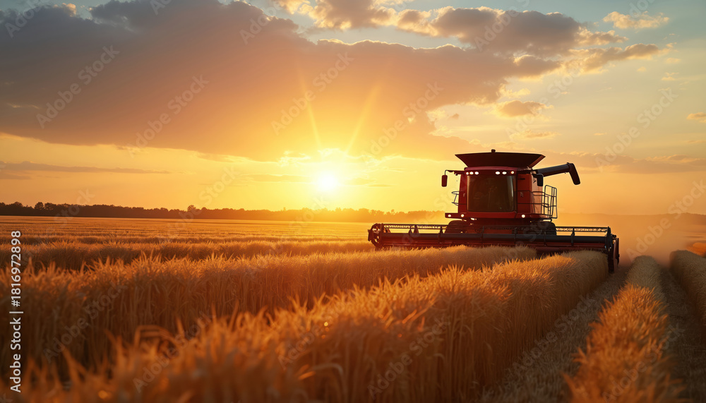 Fototapeta premium Powerful red combine harvester works in golden wheat field. Sun sets brightly, casting warm glow on ripe crops. Large machine harvests grain during summer autumn season on expansive farm. Rural