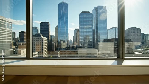 New York City Skyline View from Window Modern Office, Bright Day