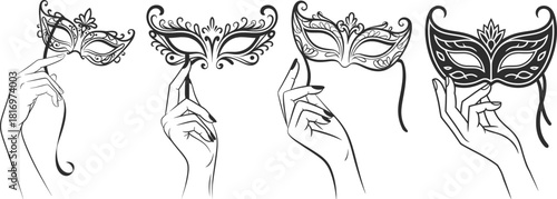Elegant Masquerade Mask Held by Hand Line Art Illustrations.