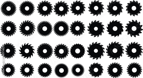 Collection of circular saw blade silhouettes arranged in rows, industrial tool icons for woodworking, construction equipment, machinery design and manufacturing illustration