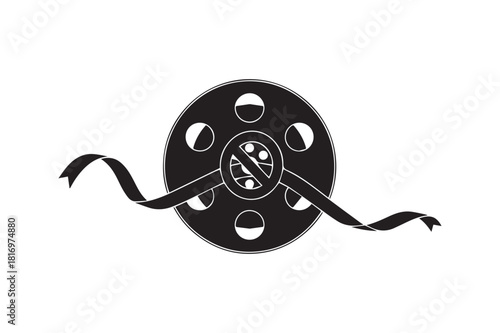 Stylized film reel with unwound tape, classic movie production