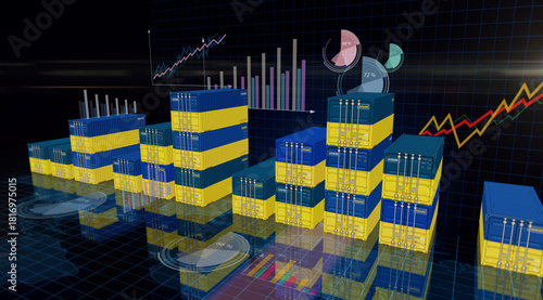 Ukraine export cargo containers with charts and diagrams
