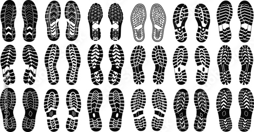 Collection of diverse shoe sole silhouettes featuring various footwear tread patterns for design, fashion illustration, branding, printing, and creative graphic projects