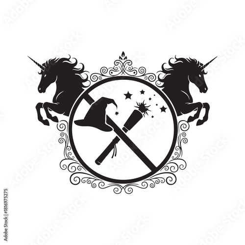 Unicorns and magic hat wand emblem design mystical illustration.