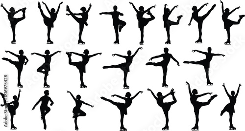 Collection of dynamic figure skater silhouettes performing graceful spirals, spins, and extended poses on ice, symbolizing elegance, athleticism, winter sports competition
