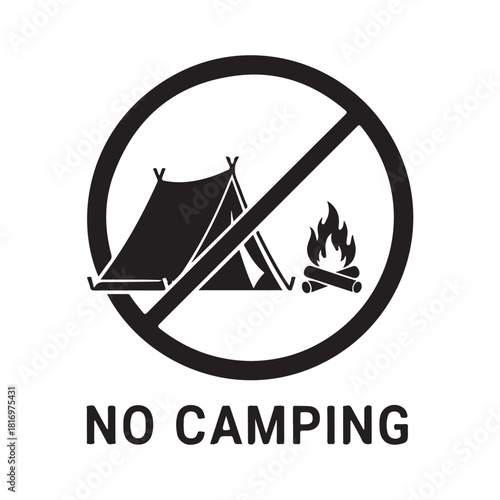 No camping sign icon for restricted areas and outdoor prohibition