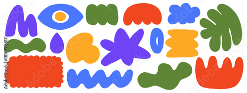 Organic shapes mixed with geometric doodle details in retro tone. Funky cutout shapes set. Ideal for joyful posters and vibrant vector art