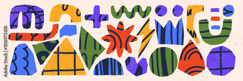 Abstract cutout collage featuring doodle shapes and childish art. Playful drawn textures add a modern graphic charm. Perfect for trendy illustration projects