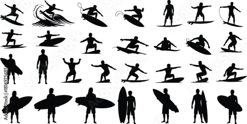 Collection of dynamic surfer silhouettes riding waves, surfing poses, beach sports action, surfboard figures and extreme water sport vector illustrations