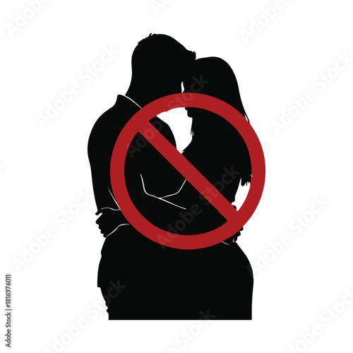 Forbidden intimate couple silhouette with a red 'no' symbol.