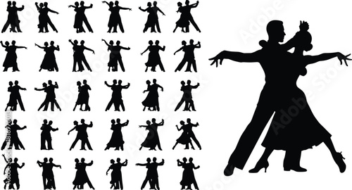 Collection of professional dancer silhouettes showcasing various ballroom and Latin dance poses, illustrating passion, elegance, rhythm, and partnership in competitive dancing and artistic performance