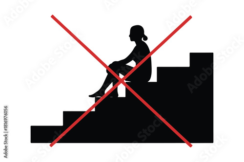Prohibited: do not sit on stairs safety rule and warning sign