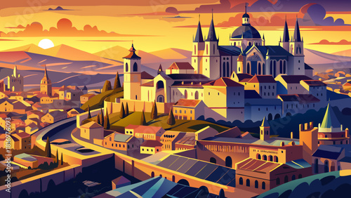 Very beautiful aerial view of Toledo Cathedral at sunset, with warm golden light illuminating the towering spires, surrounding rooftops, and historic streets, creating a breathtaking and timeless city