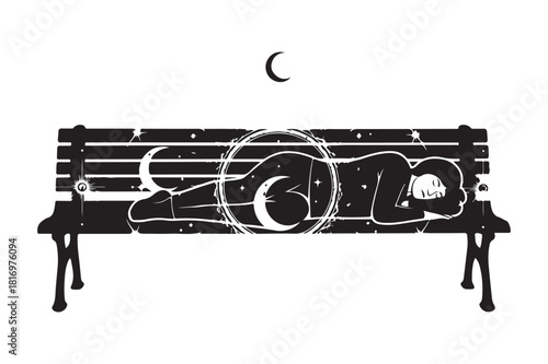 Person sleeping on a park bench under moon and stars at night
