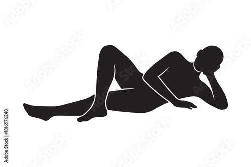 Silhouette of person lying down, propped on elbow, thinking pose