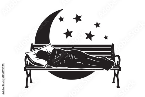 Illustration of person sleeping on park bench under night sky