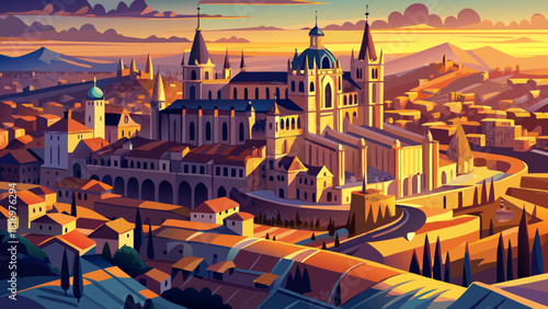 Very beautiful aerial view of Toledo Cathedral at sunset, with warm golden light illuminating the towering spires, surrounding rooftops, and historic streets, creating a breathtaking and timeless city