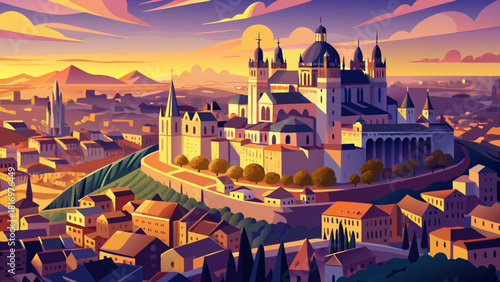 Very beautiful aerial view of Toledo Cathedral at sunset, with warm golden light illuminating the towering spires, surrounding rooftops, and historic streets, creating a breathtaking and timeless city