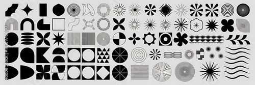 Diverse collection of abstract black and white geometric shapes and patterns for design projects