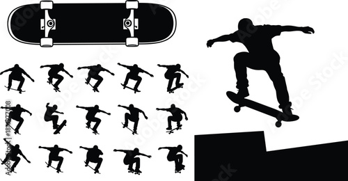 Dynamic skateboarder silhouettes performing various aerial tricks and jumps, including the skateboard itself, capturing the energy, extreme sport culture, freedom, and skill of urban street skating