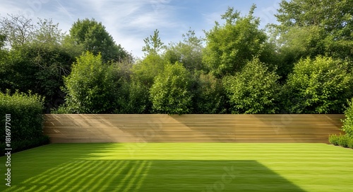 Fototapeta Naklejka Na Ścianę i Meble -  Striped Green Lawn with Sunlight Shadows and a Wooden Slatted Fence Against a Backdrop of Lush Green Trees