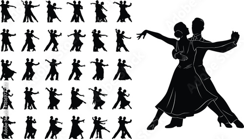 Elegant ballroom dance silhouettes showcasing expressive couple choreography, graceful movement poses, professional dancers, artistic rhythm illustration in black isolated vector style