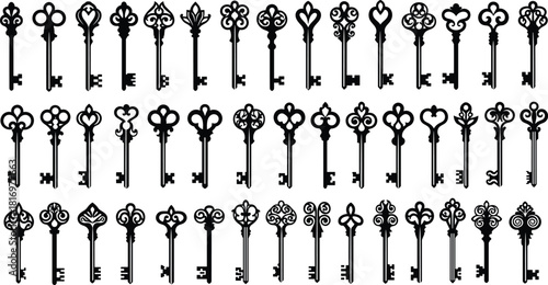Extensive collection of antique skeleton key silhouettes featuring ornate, decorative, and vintage Victorian designs, symbolizing security, mystery, access, history