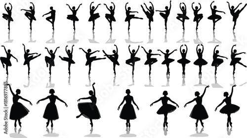 Extensive collection of graceful ballerina silhouettes in various classical ballet poses, including arabesques and relevés, capturing artistic elegance, precise technique, dance movement