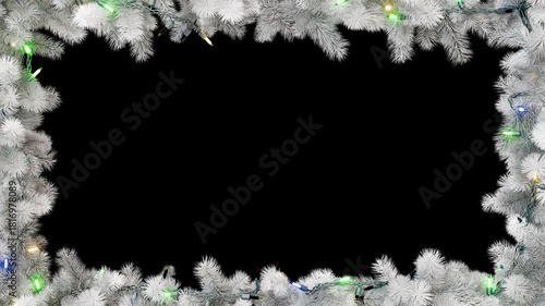 Christmas frame or new year frame with white fir or pine leaves and light bulbs blinking with alpha map for compositing. 4K loop animation.