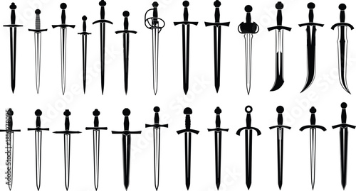 Extensive collection of historical and fantasy sword silhouettes, including longswords, sabers, and scimitars, representing medieval warfare, knighthood, and ancient weapon design elements