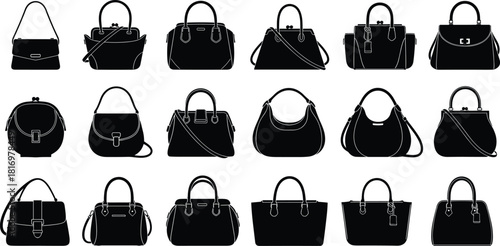 Extensive collection of various women's fashion handbag silhouettes, featuring different styles, including clutches, totes, and shoulder bags, perfect for shopping, luxury