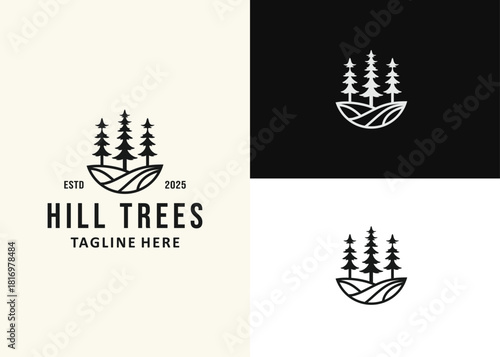 hills and pine trees. Retro vintage landscape logo design