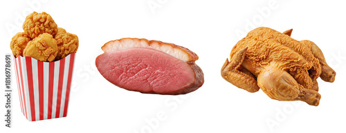 Fried Chicken Nuggets in Red Striped Bucket Rare Roast Duck Breast Slice and Whole Crispy Fried Chicken Isolated on White Background Fast Food Meat Protein