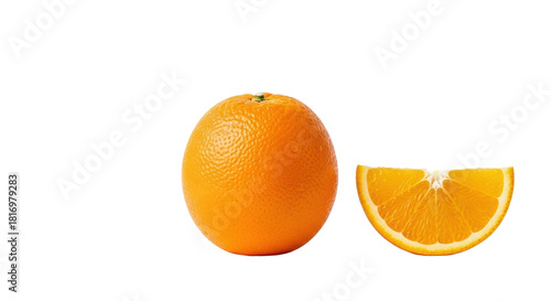 Vibrant, whole ripe orange and juicy cut slice with visible moisture, arranged in a clean, minimalist studio on a transparent background with copy space, natural freshness concept